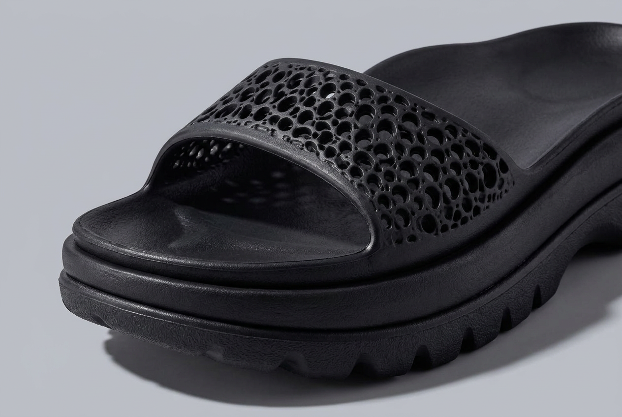 Close-up of the black sandal’s perforated single strap and three-layer sculptural sole